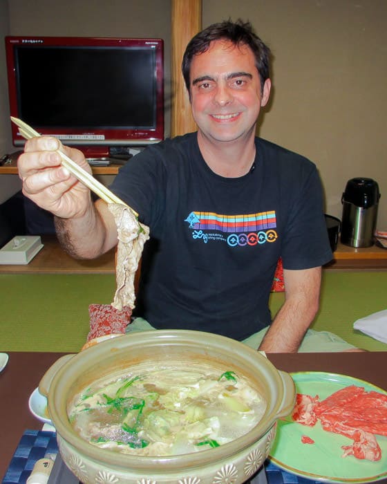 Chris P King cooking and eating shabu-shabu in Kyoto