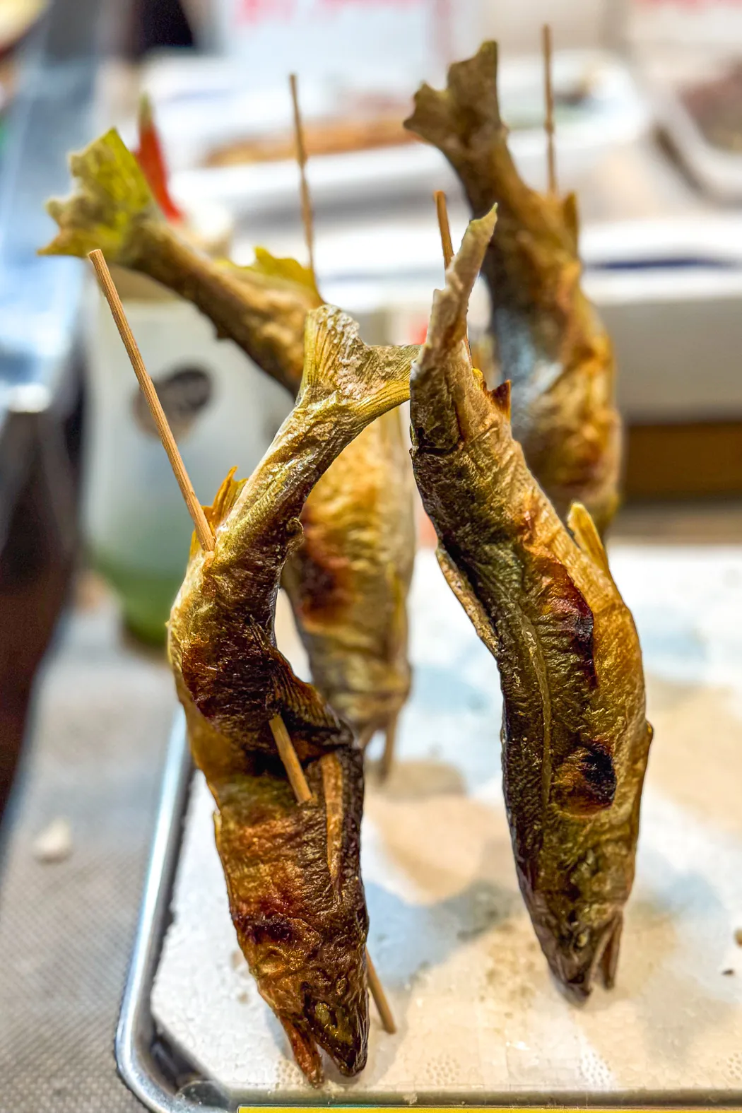 Ayu sweetfish on skewers at Nishiki Market, Kyoto