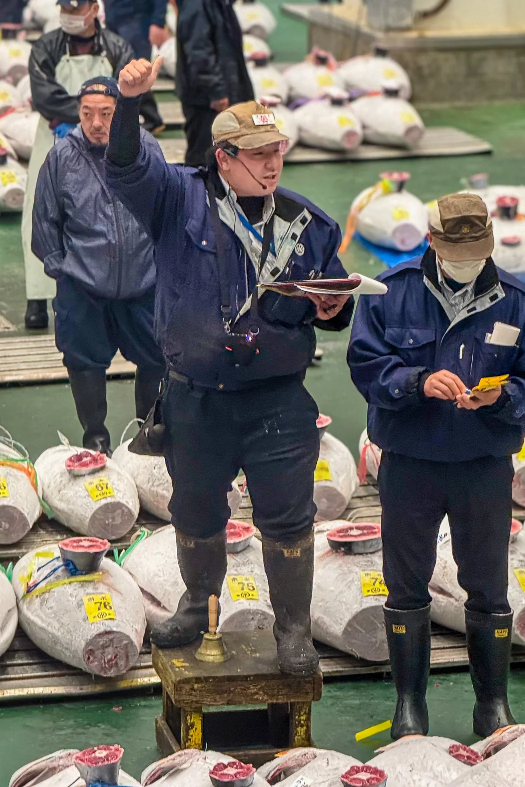 Auctioneer directing an auction seen from the observation deck at Toyosu tuna auction
