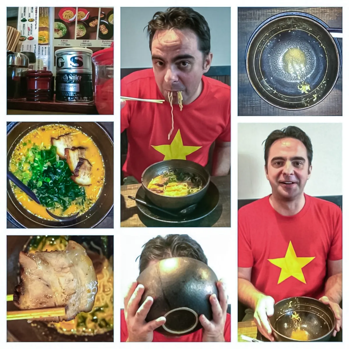 Chris P King eating aka miso tonkotsu ramen in Osaka, Japan
