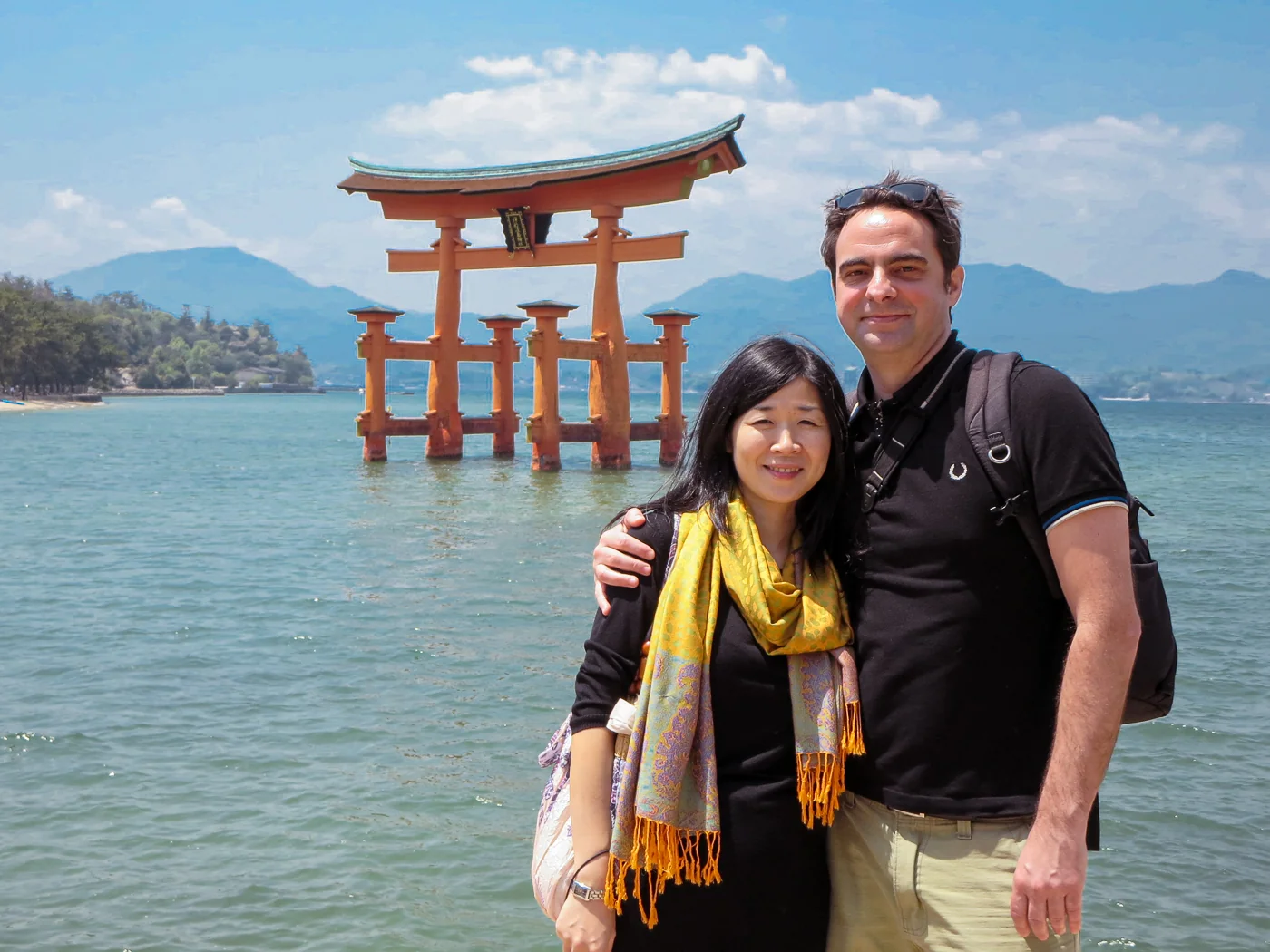 Chris P King with his wife on honeymoon at Miyajima