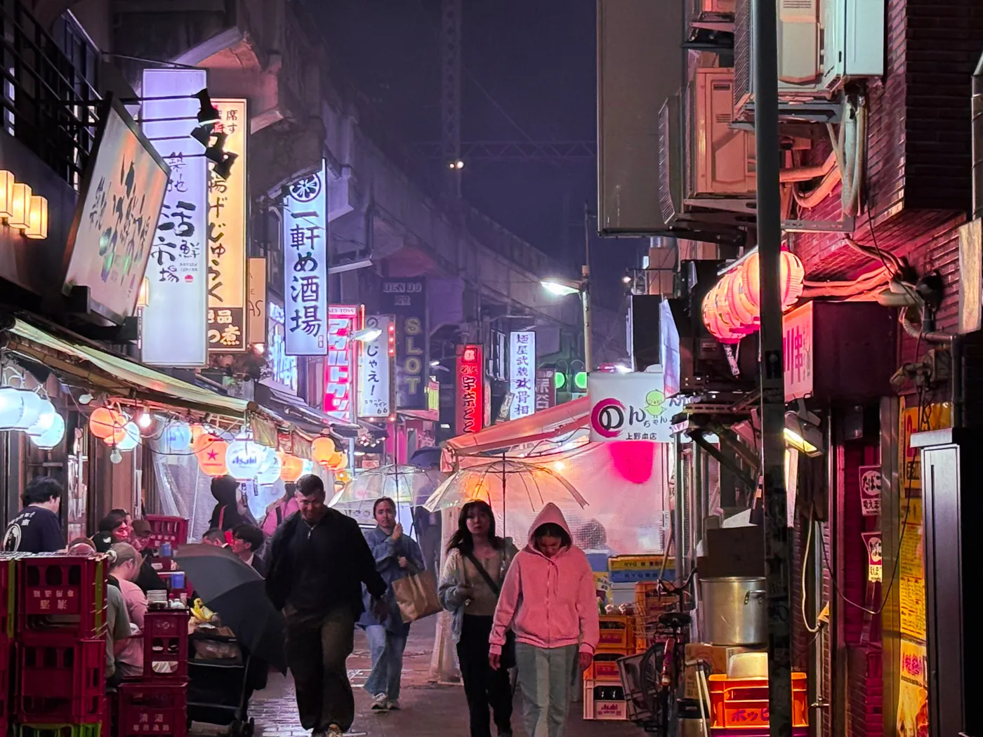 Rainy Ueno backstreets at night during the food tour