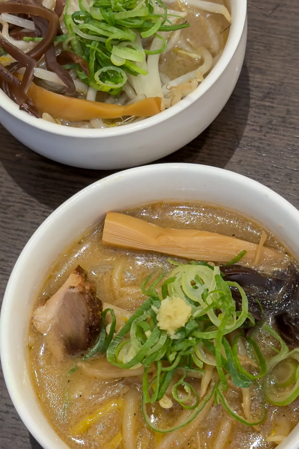 Two mini bowls of Hokkaido-style miso and shio ramen in Tokyo