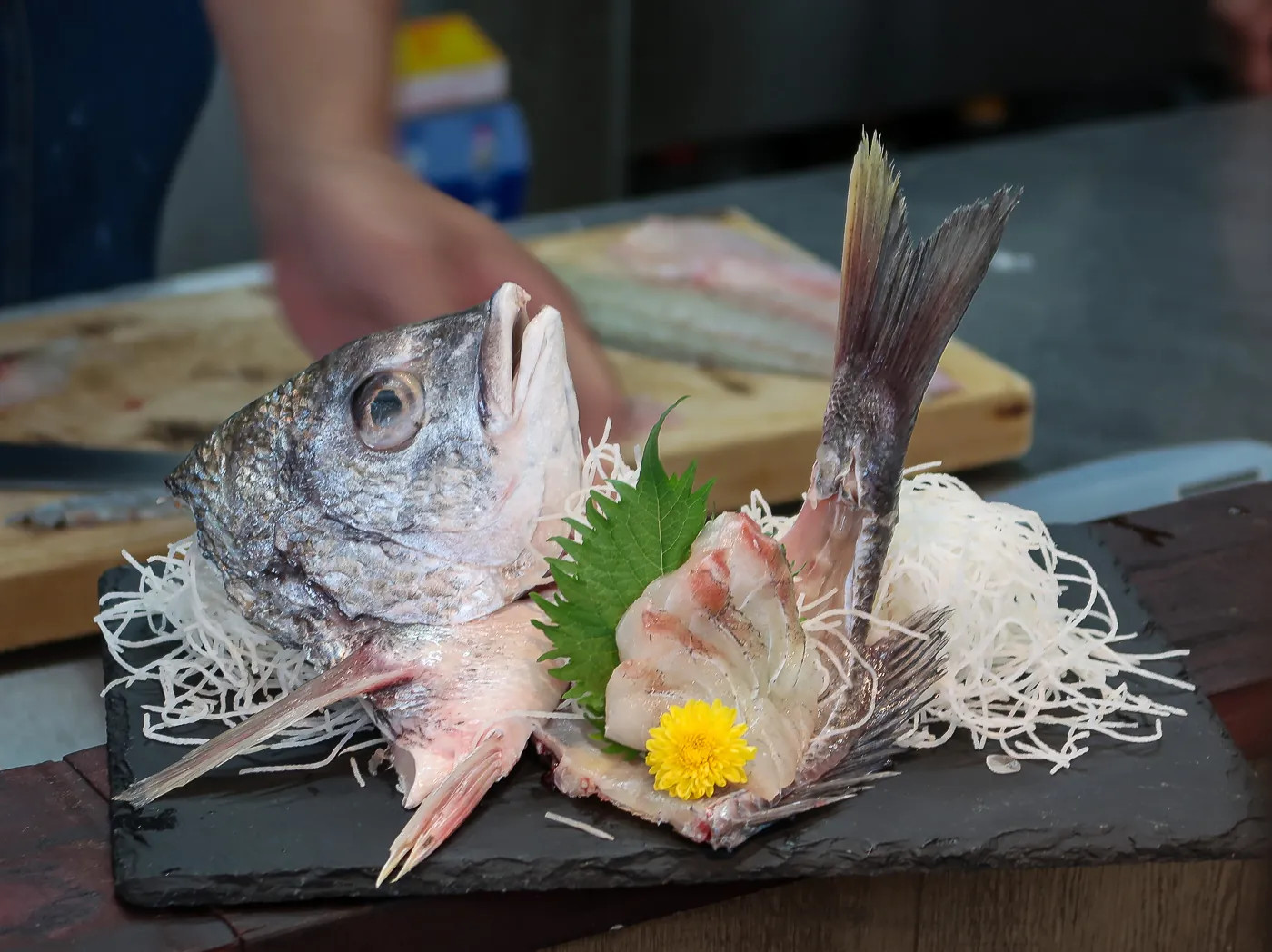 Black sea bream prepared during a fish-cutting demonstration in Tsukiji
