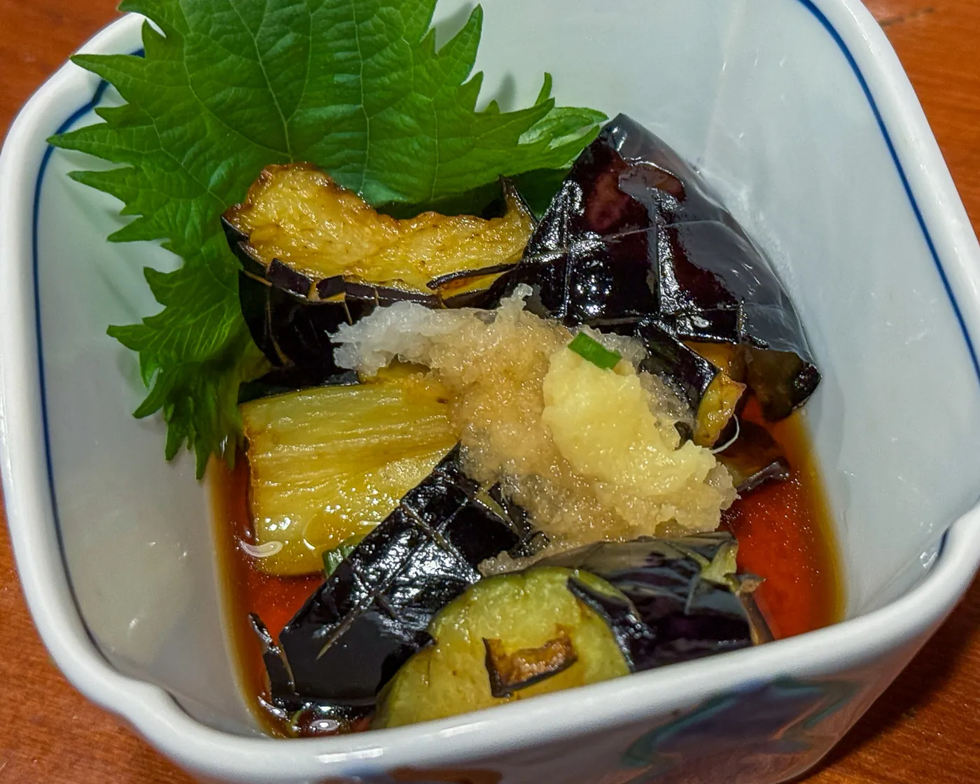 Fried aubergine in a dashi and soy sauce broth on the Ueno food tour in Tokyo